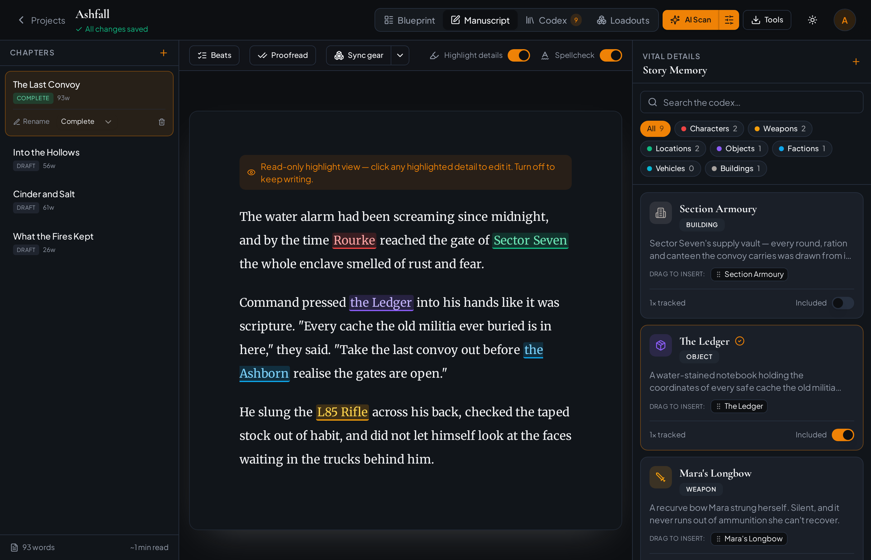 CodexStudio manuscript editor with colour-coded story details